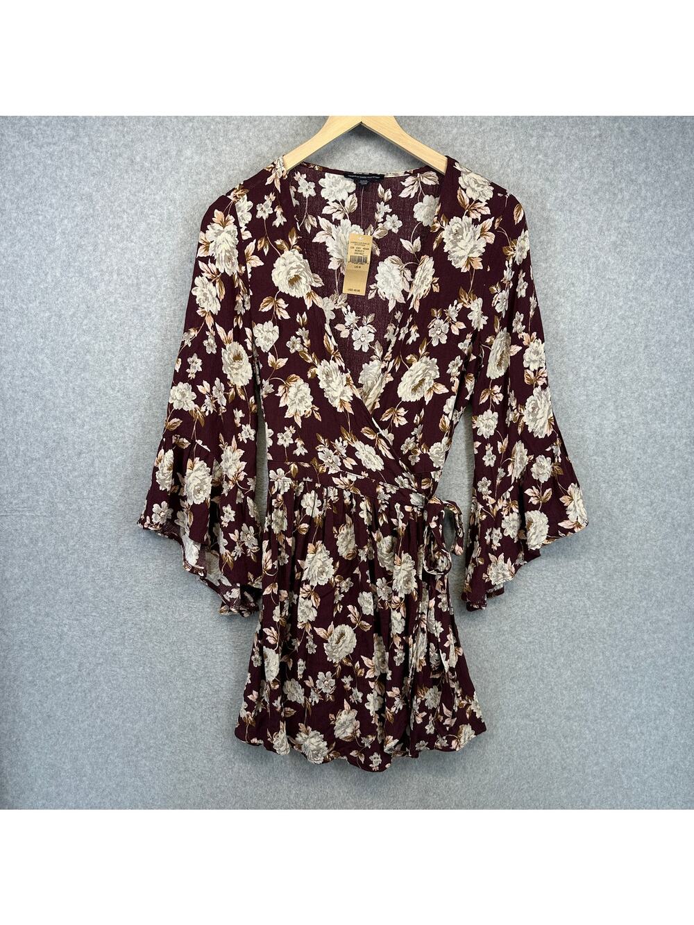 American Eagle Outfitters Dress Womens Medium Maroon Floral Bell Sleeve Wrap NWT